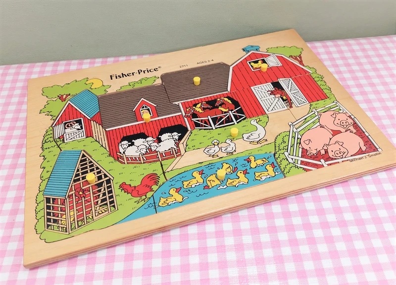 Vintage Fisher Price puzzel #2711 houten puzzel boerderij  - Pick-Up & Peek Wood Puzzle 1984