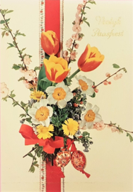 Vintage ansichtkaart Vrolijk Paasfeest - Boeket rood lint