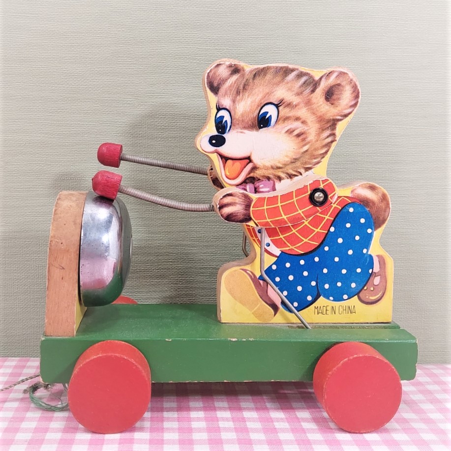 Vintage houten speelgoed trekfiguur beertje - Made in China