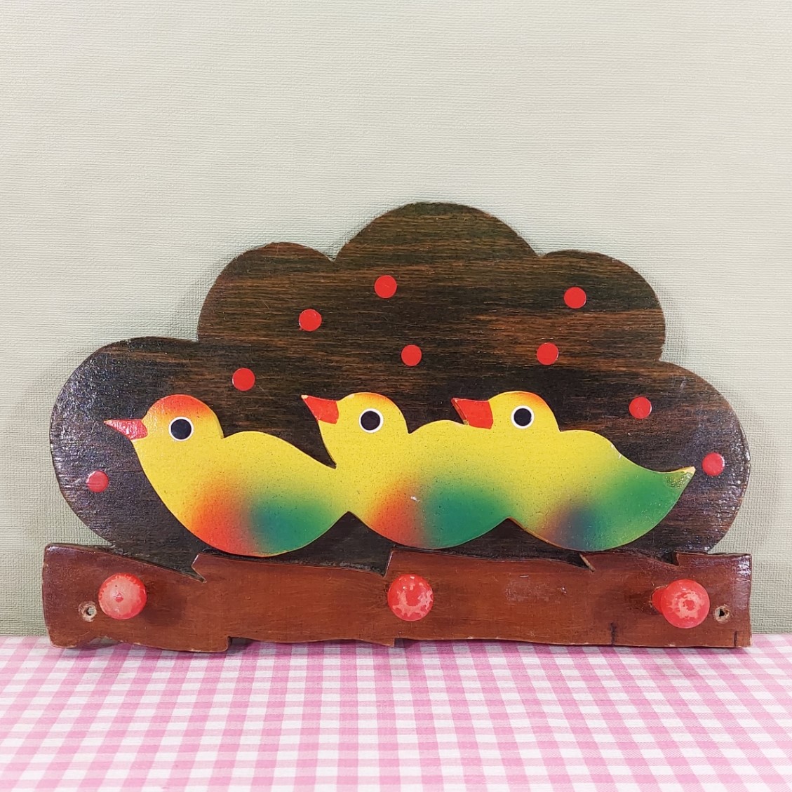 Vintage houten speelgoed - kinderkapstok met vogeltjes - Jaren 70