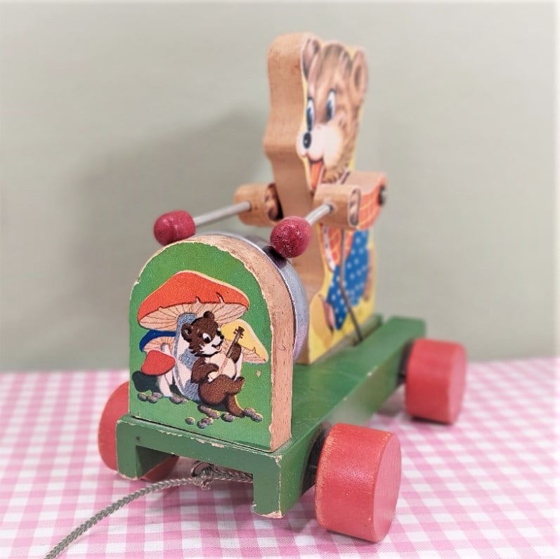 Vintage houten speelgoed trekfiguur beertje - Made in China