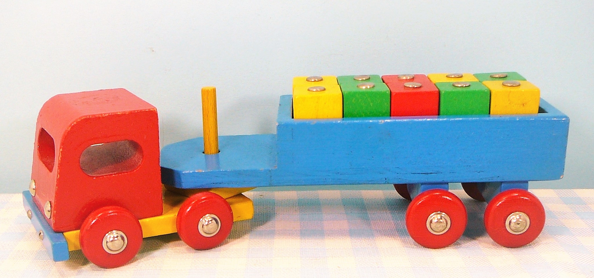 Vintage houten speelgoed hijskraan - vrachtwagen - blokken