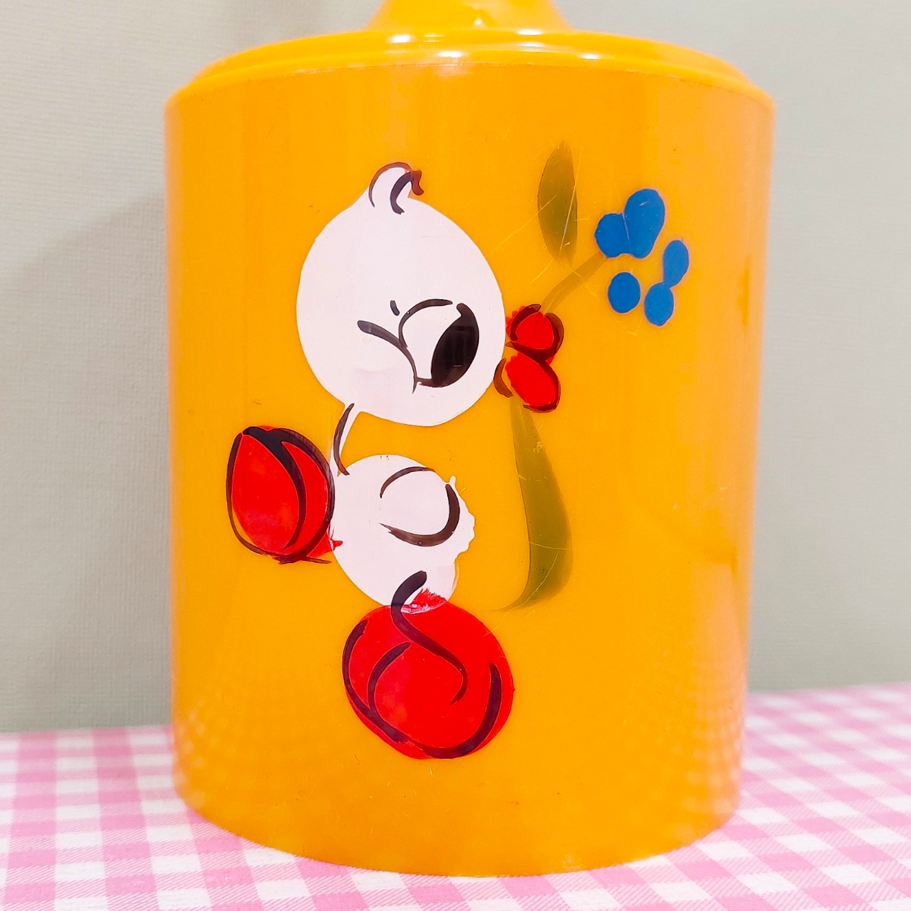 Vintage plastic pot met deksel/wattenpot geel met eend - Jaren 70 babykamer
