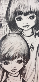 Vintage kinderprent met houten lijstje - Sonny jongen en meisje