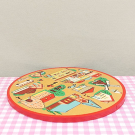 Vintage Simplex ronde houten puzzel - stad met gebouwen