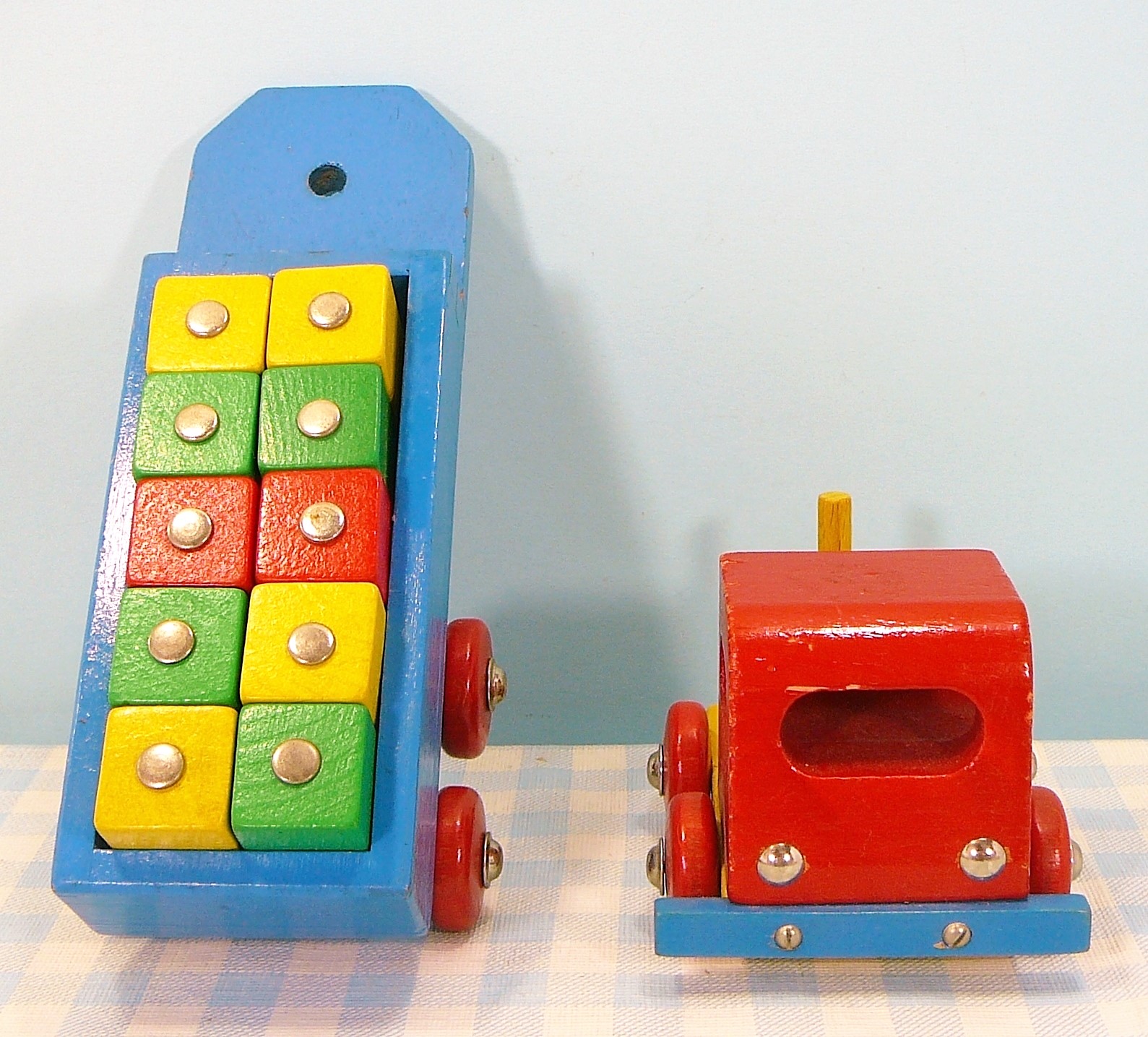 Vintage houten speelgoed hijskraan - vrachtwagen - blokken