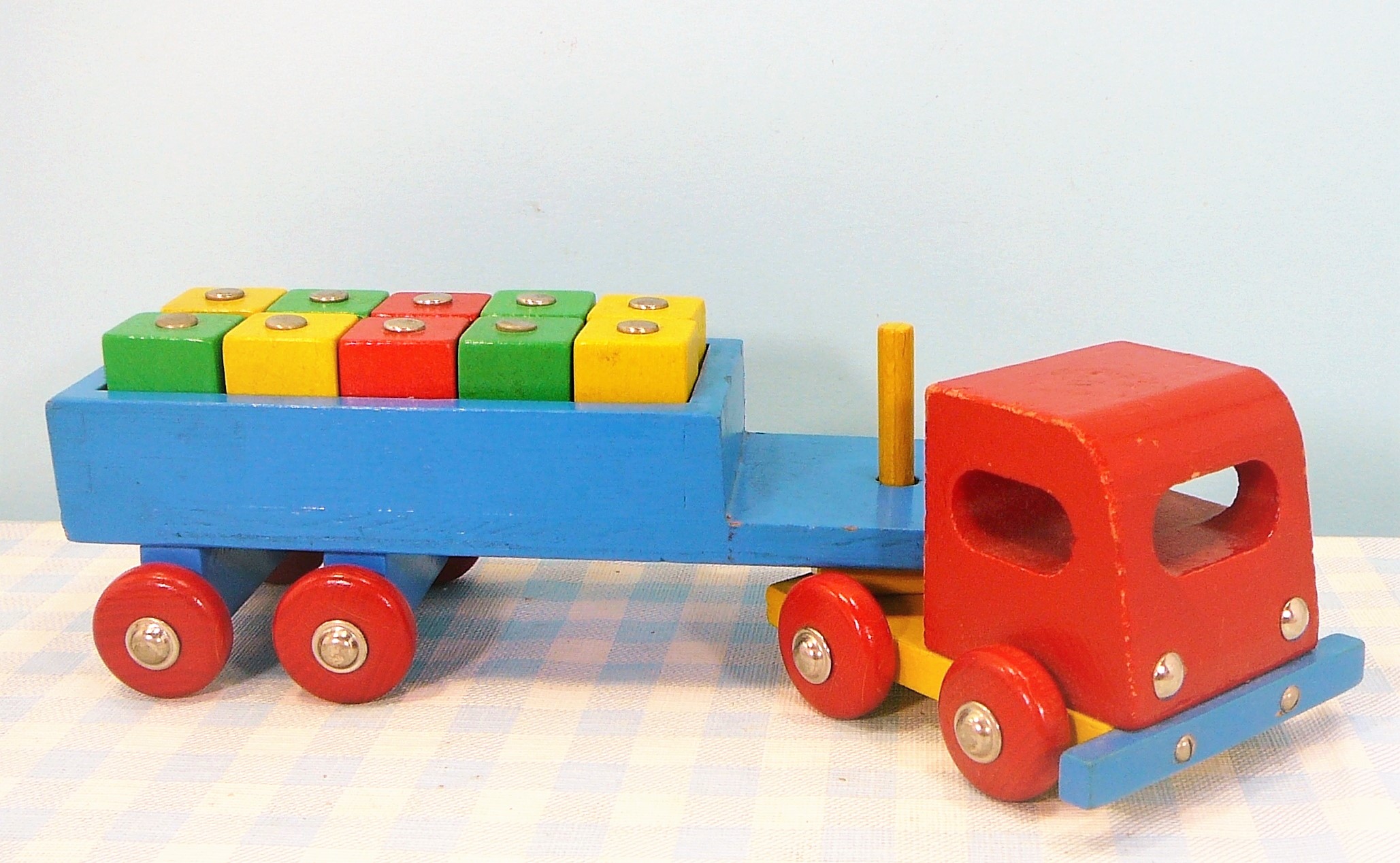 Vintage houten speelgoed hijskraan - vrachtwagen - blokken