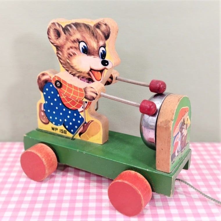 Vintage houten speelgoed trekfiguur beertje - Made in China