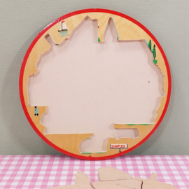 Vintage Simplex ronde houten puzzel - stad met gebouwen