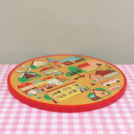 Vintage Simplex ronde houten puzzel - stad met gebouwen
