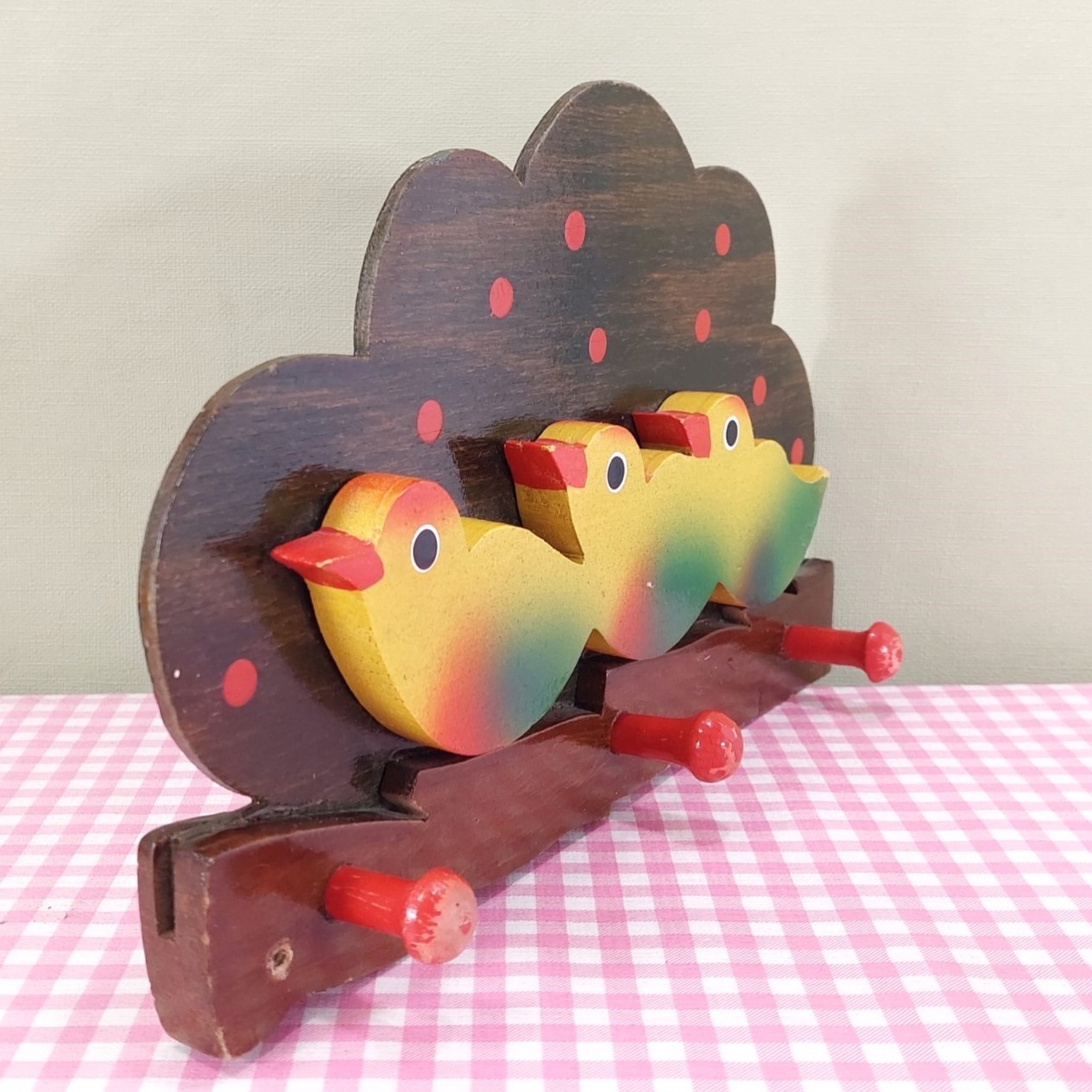 Vintage houten speelgoed - kinderkapstok met vogeltjes - Jaren 70