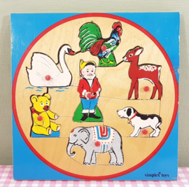 Vintage Simplex houten puzzel - dieren met kabouter