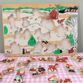 Vintage houten puzzel met kabouters in de winter - jaren 60