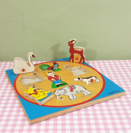 Vintage Simplex houten puzzel - dieren met kabouter