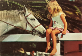 Vintage ansichtkaart meisje met wit paard