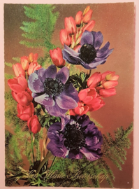 Vintage ansichtkaart Van Harte Beterschap - paarse bloemen