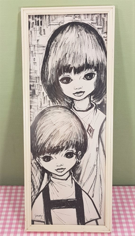 Vintage kinderprent met houten lijstje - Sonny jongen en meisje