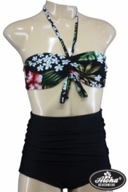 Aloha Beachwear, Bandeau Bikini Black Bottom/ Blossom Top Vintage High Waistin Small.
