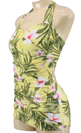 Aloha Beachwear, Vintage Pinup Badpak Yellow Hawaiien Hibiscus.