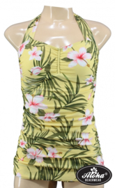 Aloha Beachwear, Vintage Pinup Badpak Yellow Hawaiien Hibiscus.