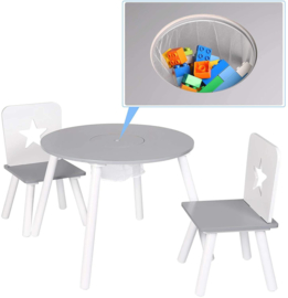 Ronde Kindertafel en stoeltjes van hout - 1 tafel en 2 stoelen voor kinderen - kleur grijs/wit - Kleurtafel / speeltafel / knutseltafel / tekentafel / zitgroep set / kinder speeltafel - kinderzetel - stoel kind