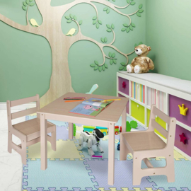 Vierkante Kindertafel en stoeltjes van hout - 1 tafel en 2 stoelen voor kinderen - Greywash / bruin - Kleurtafel / speeltafel / knutseltafel / tekentafel / zitgroep set / kinder speeltafel - kinderzetel - stoel kind