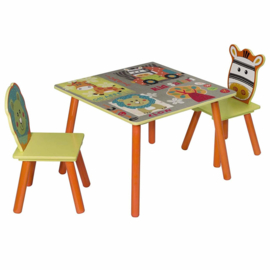 Kindertafel set met 2 houten stoeltjes Jungle motief