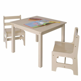 Vierkante Kindertafel en stoeltjes van hout - 1 tafel en 2 stoelen voor kinderen - Greywash / bruin - Kleurtafel / speeltafel / knutseltafel / tekentafel / zitgroep set / kinder speeltafel - kinderzetel - stoel kind