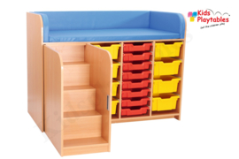 Verschoontafel Commode kinderopvang 150 cm breed met trap en 16 kunststof Gratnells laden | Aankleedtafel