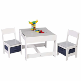 Kindertafel en stoeltjes met krijtbord - Kindertafel met stoeltjes van hout - wit/grijs hout - kindertafel met opbergruimte - Kleurtafel - speeltafel / knutseltafel / tekentafel /kinderzetel