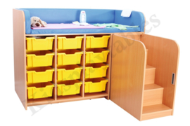 Verschoontafel Commode kinderopvang 150 cm breed met trap en 12 kunststof Gratnells laden | Aankleedtafel