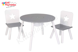 Ronde Kindertafel en stoeltjes van hout - 1 tafel en 2 stoelen voor kinderen - kleur grijs/wit - Kleurtafel / speeltafel / knutseltafel / tekentafel / zitgroep set / kinder speeltafel - kinderzetel - stoel kind