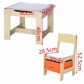 Kindertafel en stoeltjes met krijtbord - Kindertafel met stoeltjes van hout - wit/oranje hout - kindertafel met opbergruimte - Kleurtafel - speeltafel / knutseltafel / tekentafel /kinderzetel