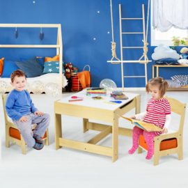 Kindertafel en stoeltjes met krijtbord - Kindertafel met stoeltjes van hout - wit/oranje hout - kindertafel met opbergruimte - Kleurtafel - speeltafel / knutseltafel / tekentafel /kinderzetel