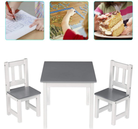 Kindertafel en stoeltjes van hout - 1 tafel en 2 stoelen voor kinderen - Wit/Grijs met hout - Kleurtafel / speeltafel / knutseltafel / tekentafel / zitgroep set / kinder speeltafel - kinderzetel - stoel kind