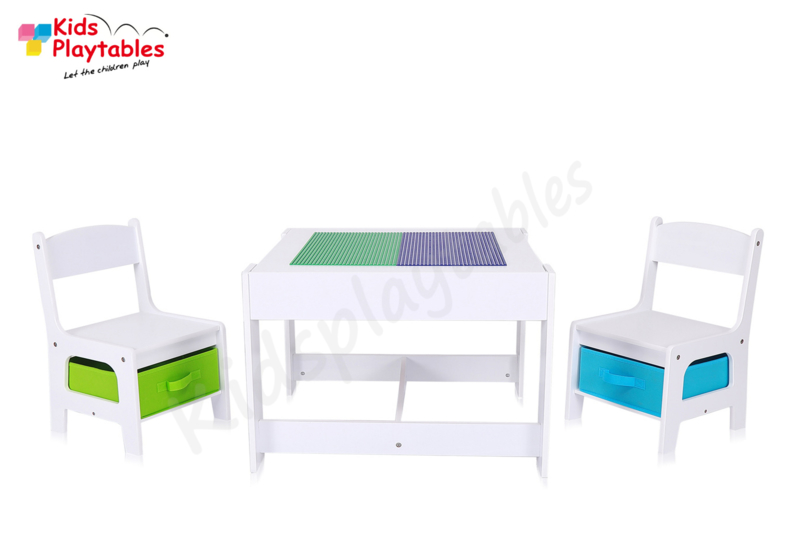 Speeltafel Vierkant geschikt voor LEGO® - Kindertafel en stoeltjes - Kleurtafel / activiteitentafel/ knutseltafel / tekentafel, tafel met bouwplaten-grondplaat geschikt voor LEGO® , kinderzetel - stoel kind - houten kindertafel