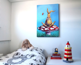 Duo konijn 'Flierefluiter' en 'Op een rode paddestoel'  60x90 cm