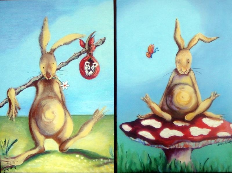Duo konijn 'Flierefluiter' en 'Op een rode paddestoel'  60x90 cm