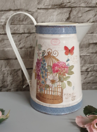 Brocante waterkan of vaas met print kooi en bloemen