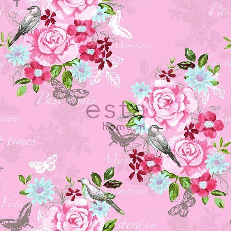 Verrassend 002. Esta Home Bloemenbehang roze met roze/blauw/groen bloemen VO-16