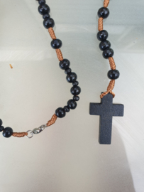 Rozenkrans, Jezus Heilig Hart, zwarte houten kraal, Pax kruis, 38 cm, incl. slotje