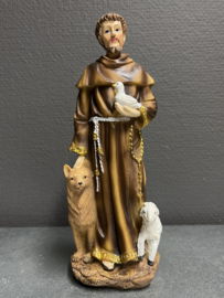 Heiligenbeeld Franciscus van Assisi met wolf, schaap en vogel