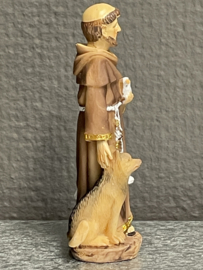 Heiligenbeeld  Franciscus van Assisi, met wolf, lam en vogel, 8 cm, resin, (3)