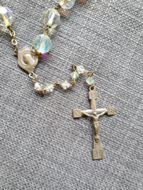 Antieke rozenkrans, Kristal, 59 cm, Maria/Christus schild, INRI kruis, verzilverd