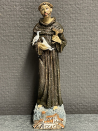 Heiligenbeeld  Franciscus van Assisi met duiven en Tau kruis, 14 cm, resin (4)