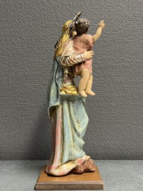 Heiligenbeeld Maria met kind, Antiek, incl. aureool 23 cm,  gips op houten voetje (5)
