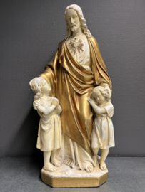 Heiligenbeeld Jezus Heilig Hart met kinderen, gips, 1900,  55 cm (G)