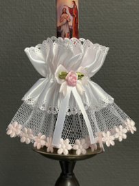 Kaarsen rok tule met satijn, bescherming voor doop kaarsen of communie kaarsen, roze