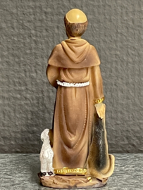 Heiligenbeeld  Franciscus van Assisi, met wolf, lam en vogel, 8 cm, resin, (3)