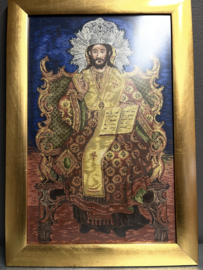 Icoon Jezus Christus in zijn glorie, hand geborduurd, inclusief lijst 52x36 cm, circa 1920
